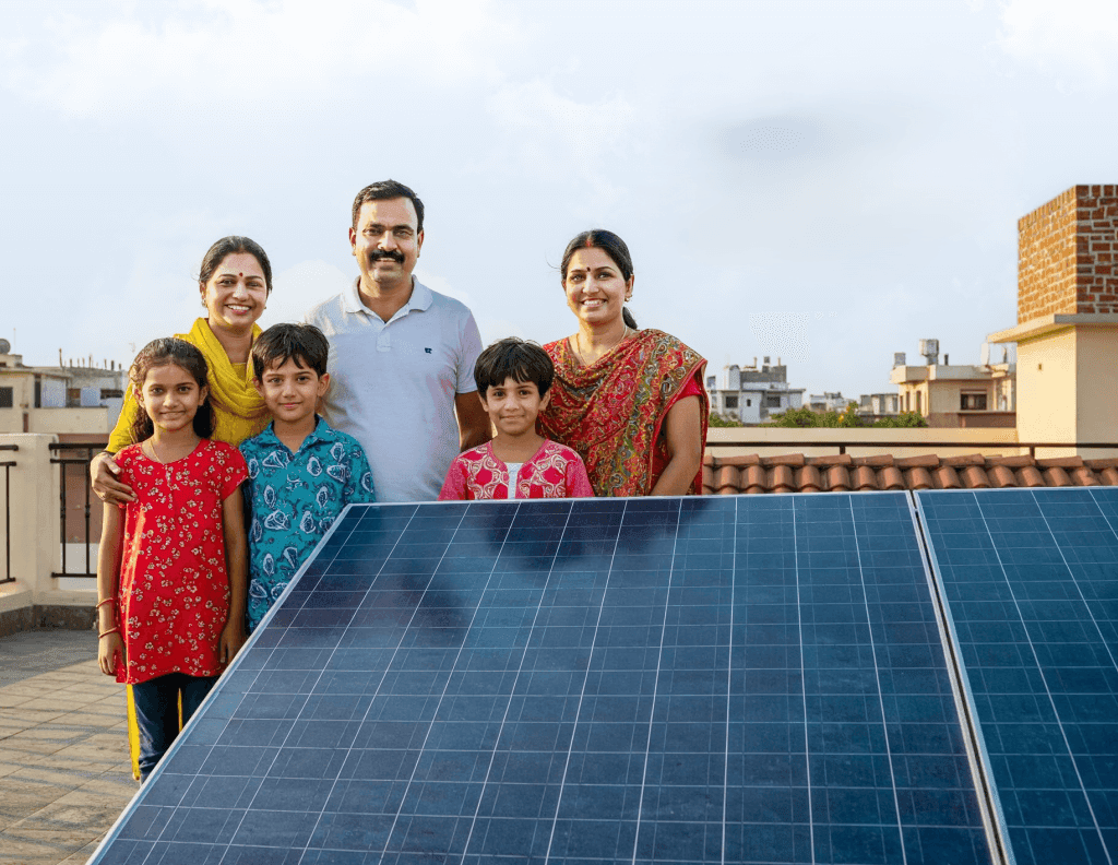 A happy family standing behind their rooftop solar panel installation
