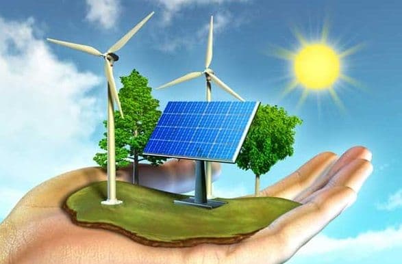 Illustration of solar panels and wind turbines cradled by a hand, representing clean energy for every home